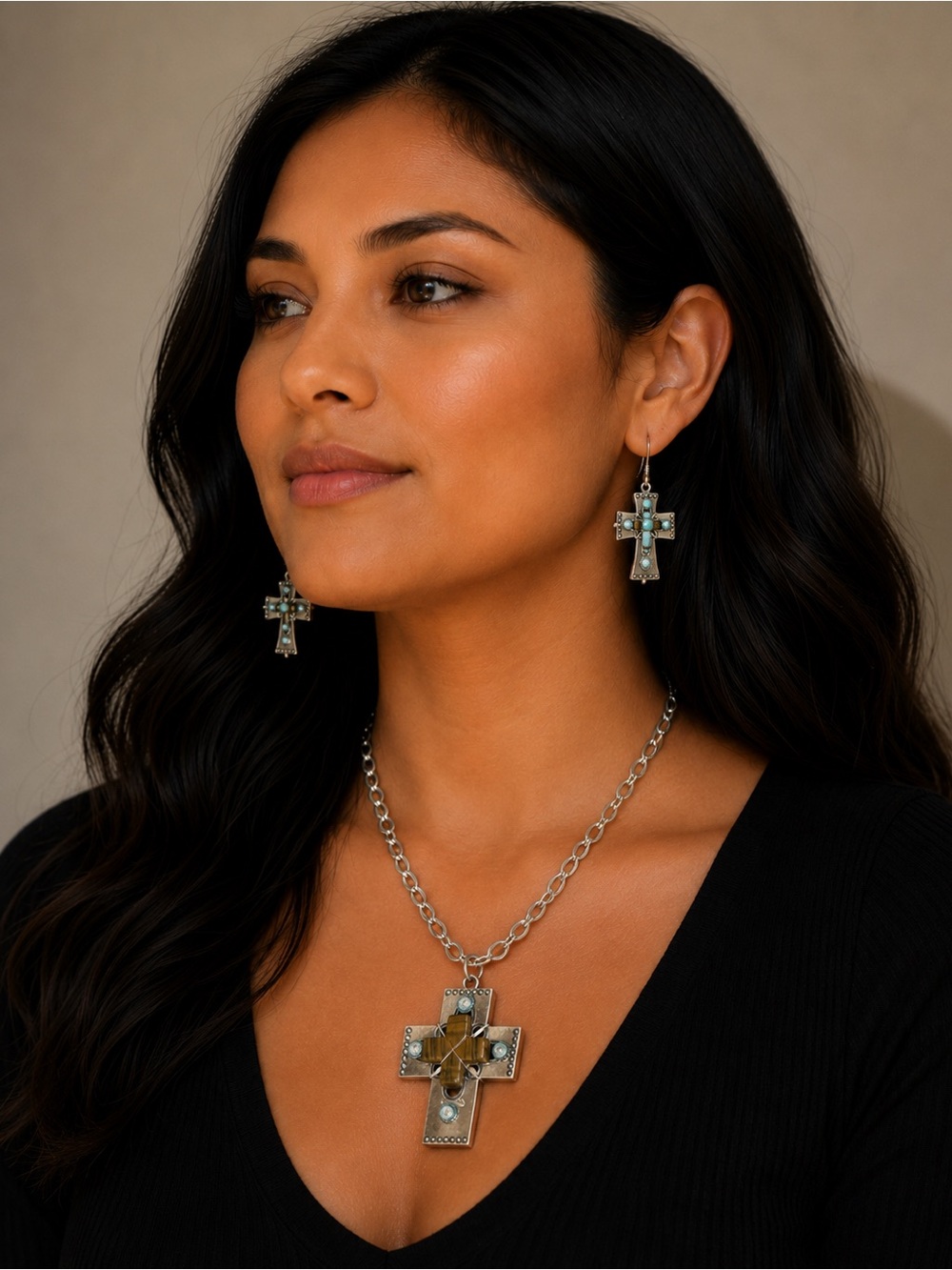 DaVinci Silver Cross Necklace and Earrings with Turquoise Accents